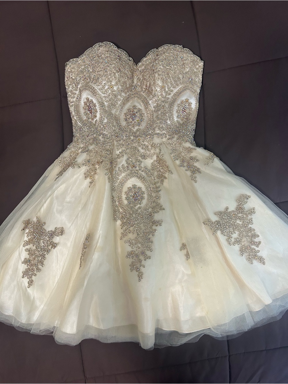 Strapless Ivory and Gold Embellished Party Dress